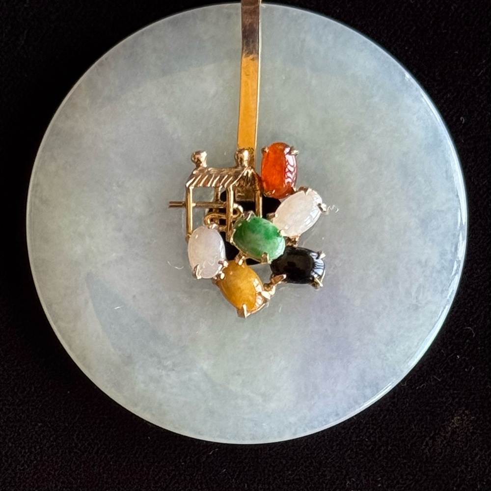 Vintage 14k Gold Gray JADE Disk Pendant w/Multicolor Jade Cabochon Large NEW